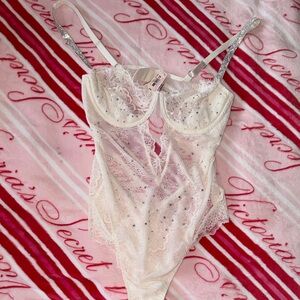 Victoria's Secret Lace Bodysuit in white with Sparkle Rhinestones bling